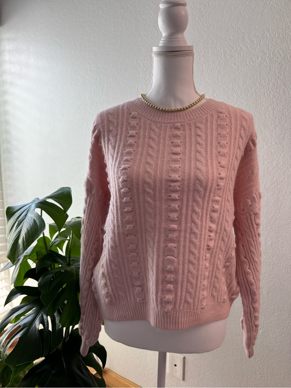 Women's Pink Cable Knit Crewneck Sweater